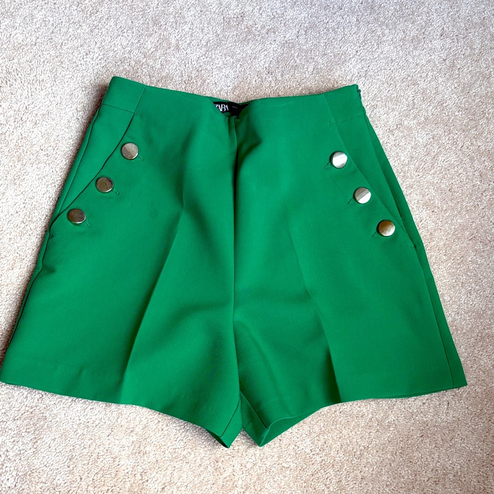 Zara High Waist Green Shorts with Button Detail